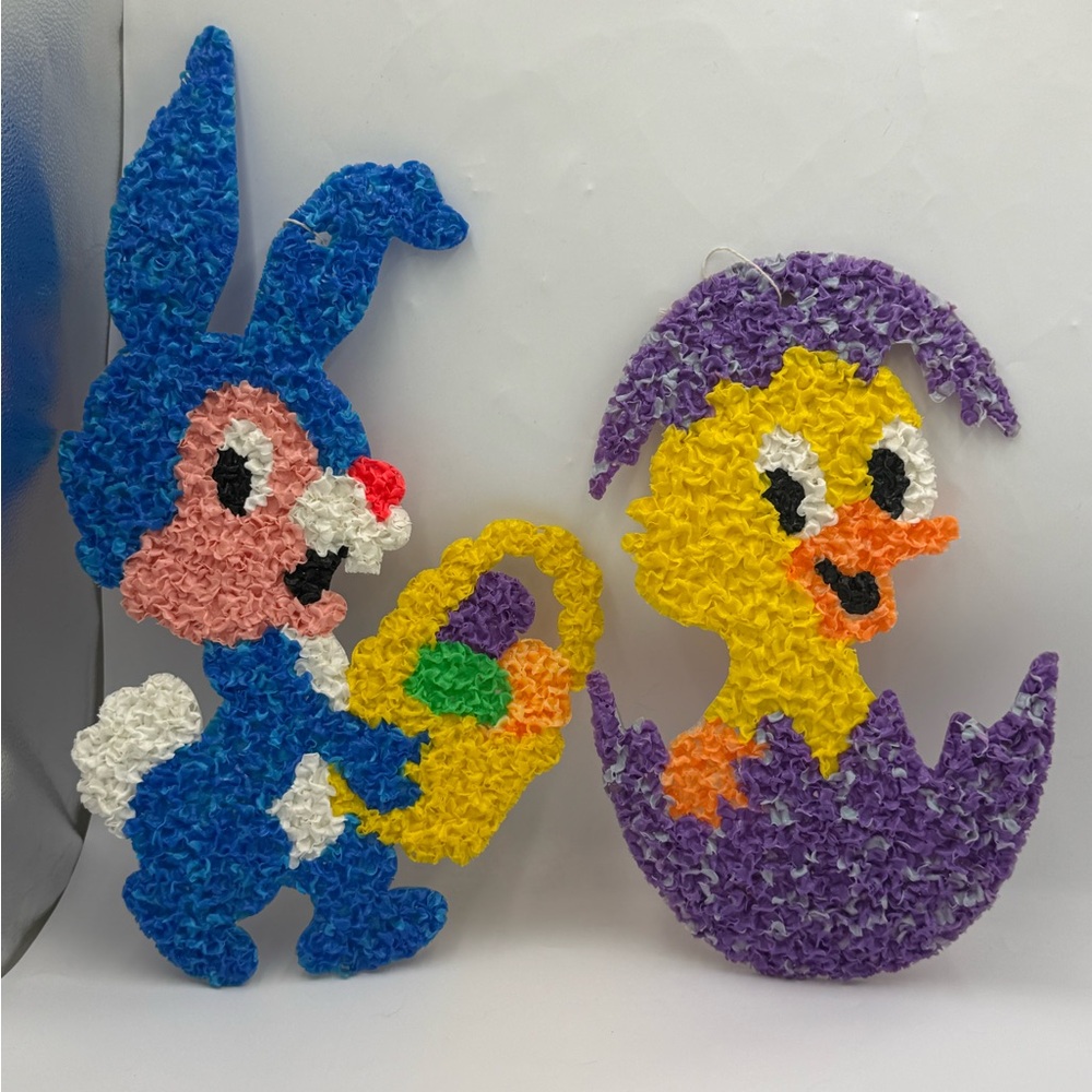Vtg Easter Popcorn Decor Lot 2 blue Rabbit duck  purple Egg